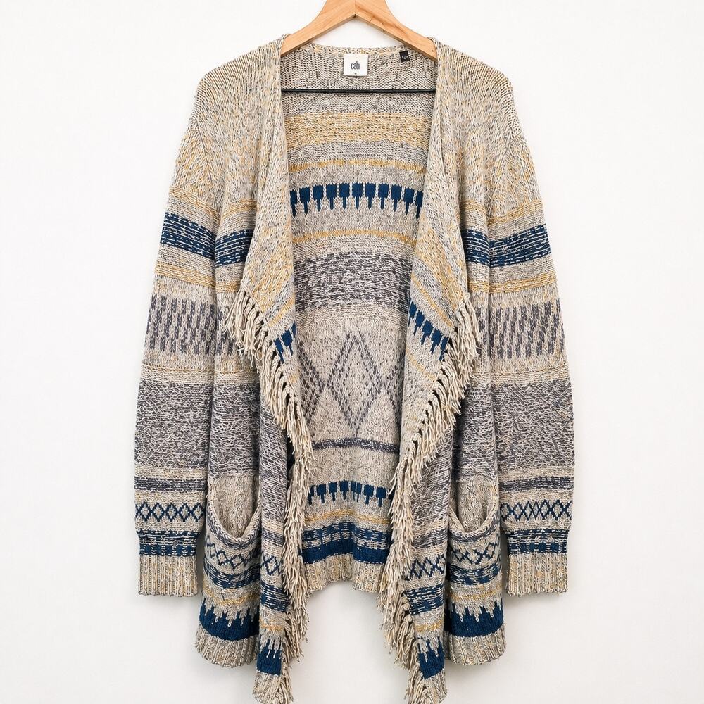 Cabi Fringe Open Front Cardigan Sweater Small Boho Aztec Southwestern Duster